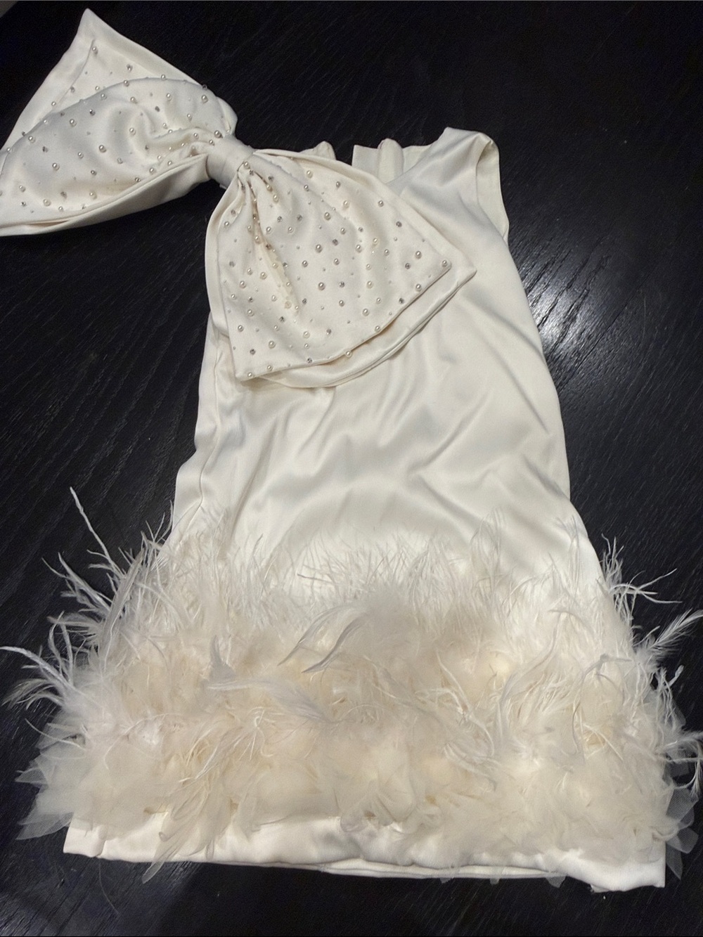 Ivory Feather-Trim Satin Halter Top with Bow